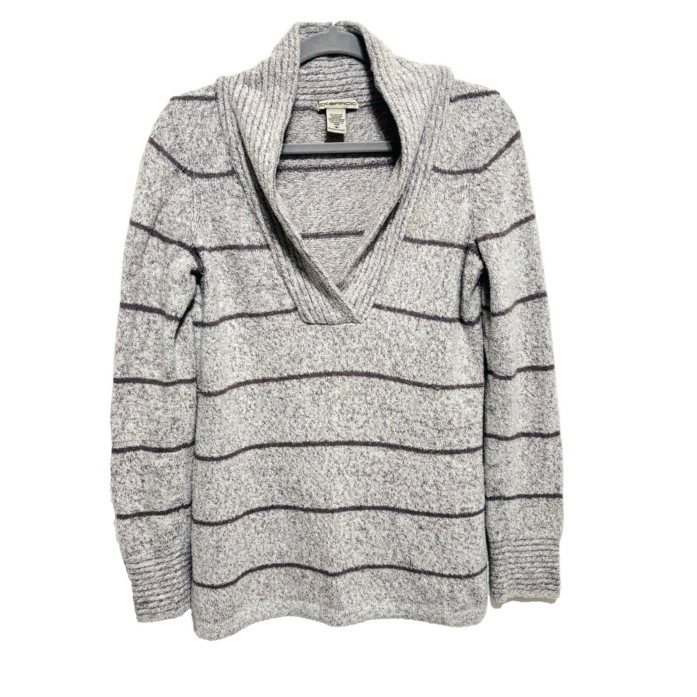 Exofficio Shawl Collar Sweater Wms Sz M Gray Horizontal Stripes